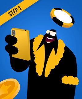 step 1 of depositing with Visa: the Mr. Gamble character taking a phone photo, choosing a Visa casino to play at.