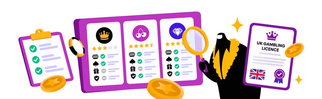 Mr. Gamble reviewing UK casino profiles with a licence record and research checklist