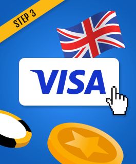 Illustration for step 3 of depositing with Visa: the Visa logo with a UK flag, selecting Visa as the payment method.